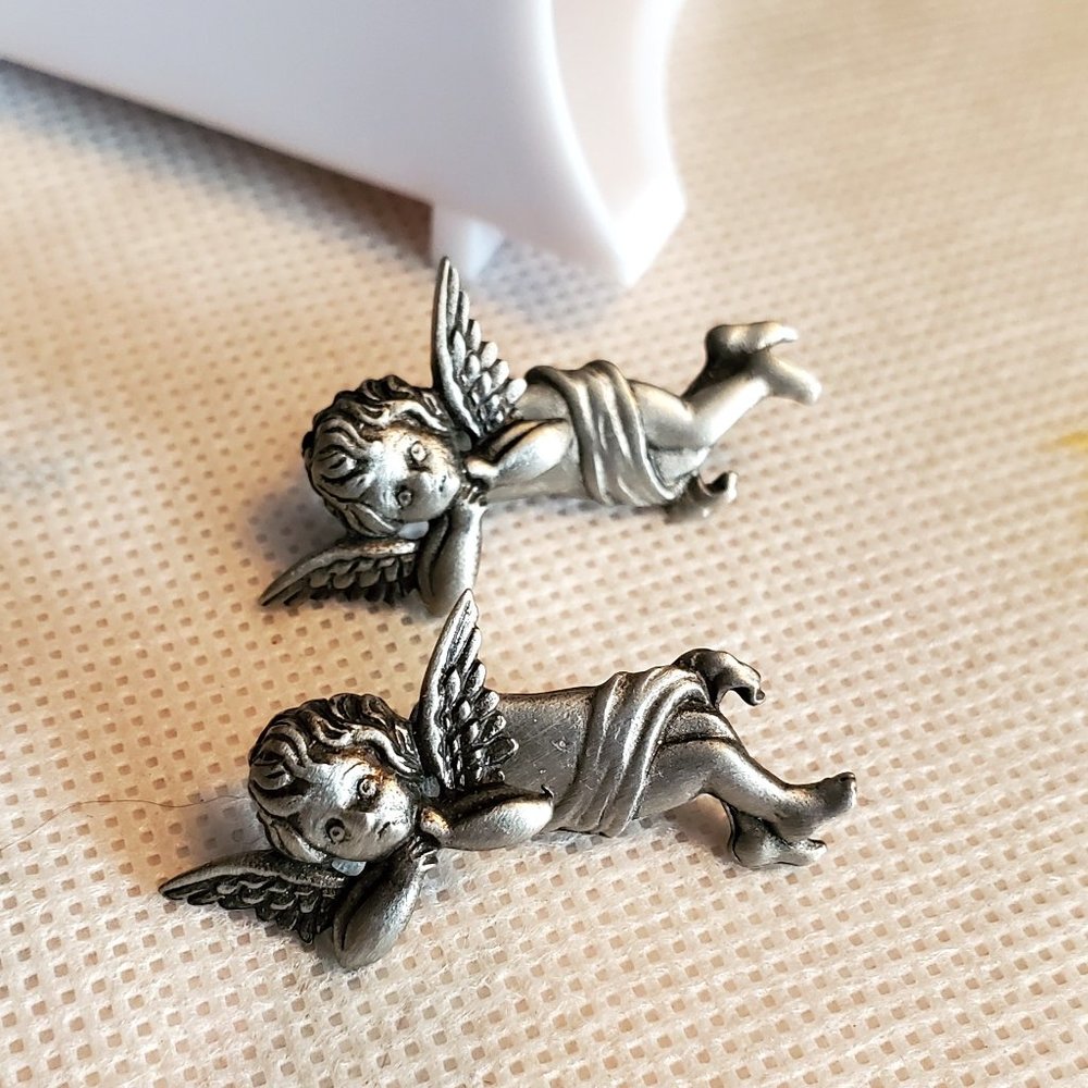 Silver Tone JJ Angel Theme Stud Earrings Simple